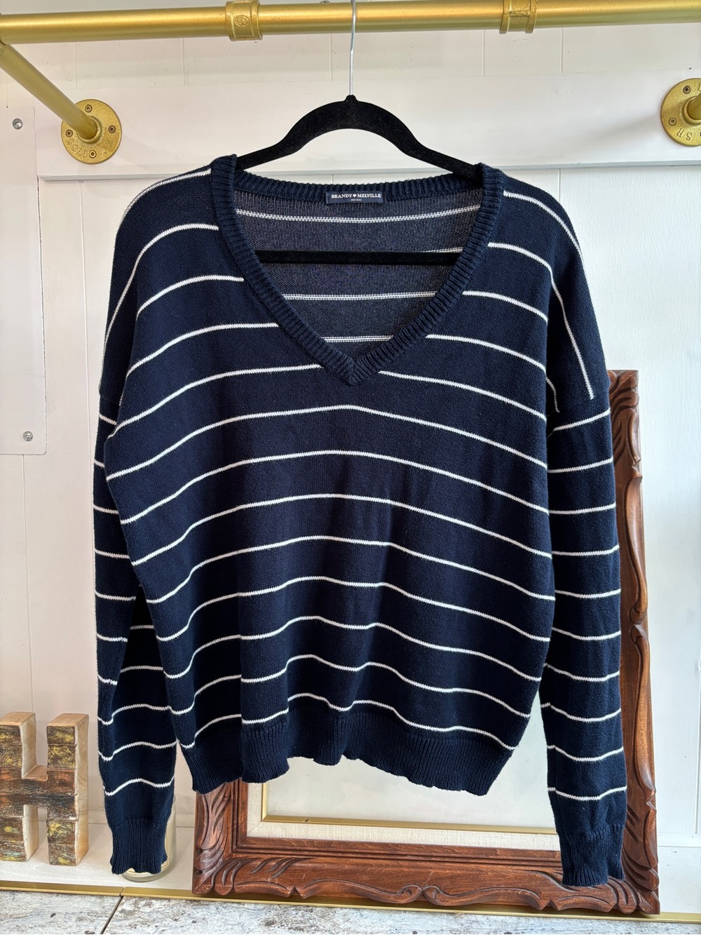 Brandy Melville Italy V-Neck Slouchy Coastal Navy Striped Lightweight Knit Top